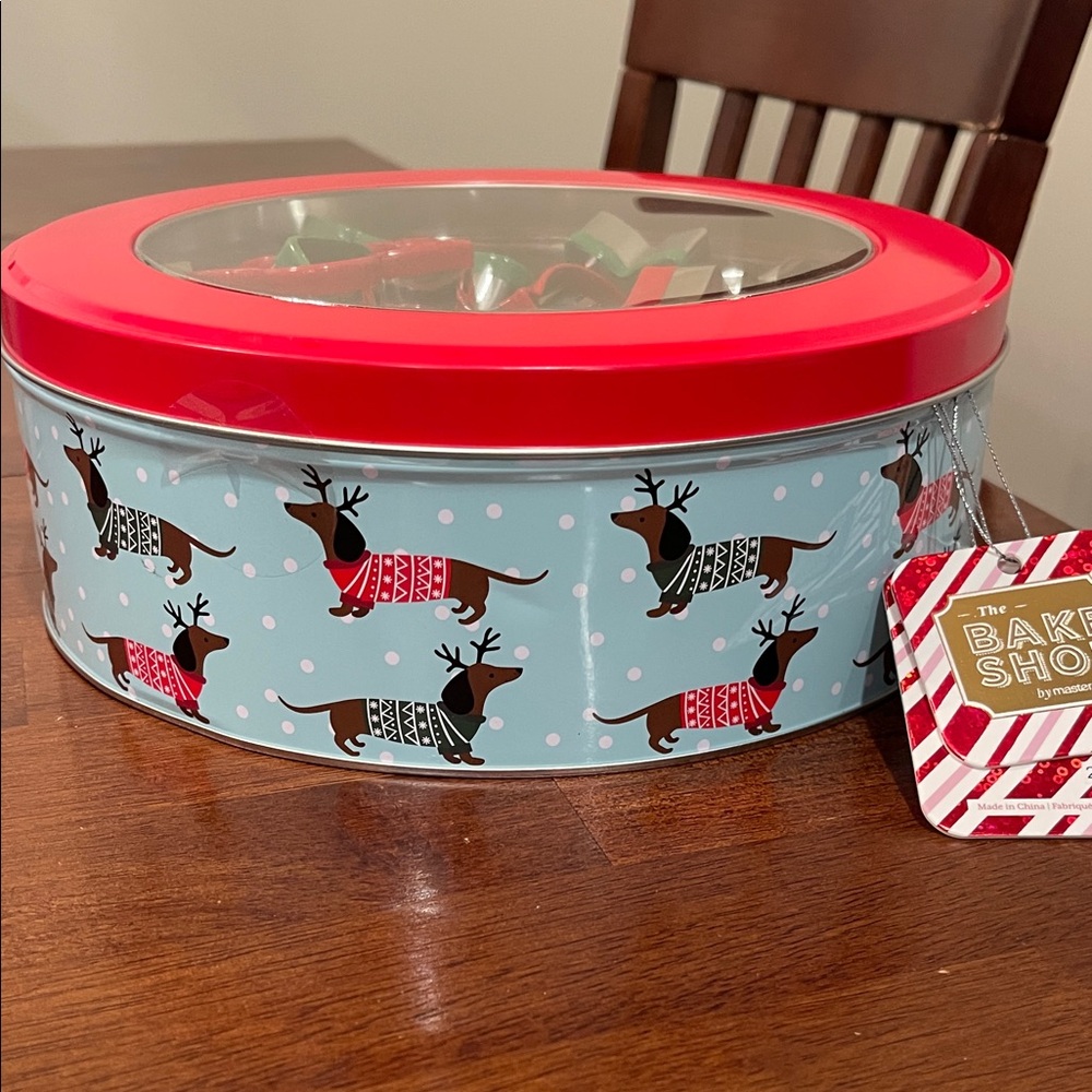 Festive Dachshund Reindeer Tin with cookie cutters